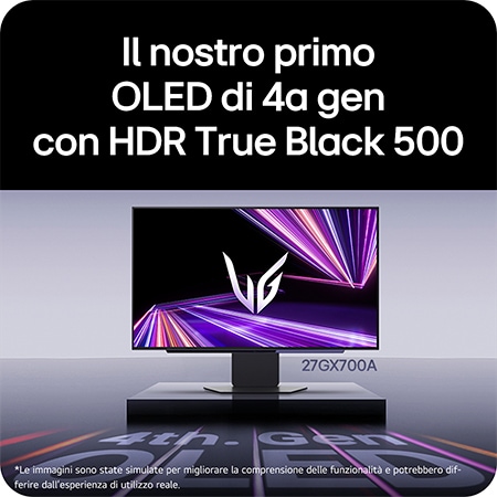 Monitor Gaming LG UltraGear™ 27GX700A in ambiente da gioco, enfatizza il pannello OLED di 4a generazione e il supporto HDR True Black 500 per neri profondi.