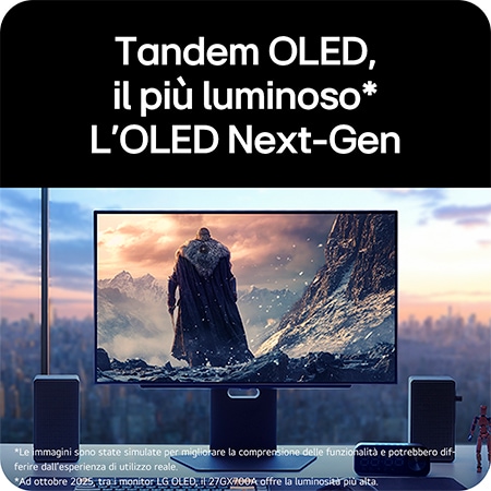 Monitor Gaming LG UltraGear™ 27GX700A mostra una scena di gioco luminosa, enfatizzando il pannello Tandem OLED per maggiore luminosità e la tecnologia OLED Next-Gen.