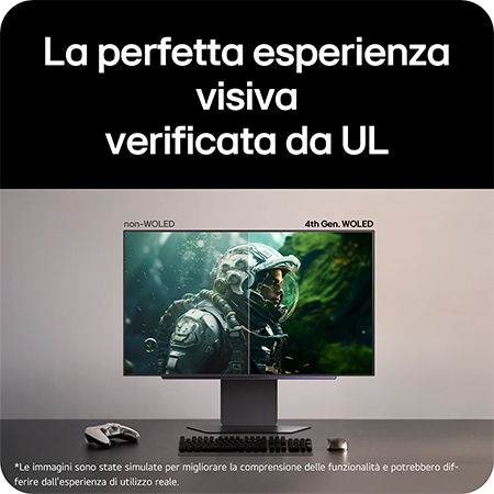Monitor Gaming LG UltraGear™ 27GX700A mostra un confronto visivo tra Non-WOLED e WOLED di 4a generazione, enfatizzando la perfetta esperienza visiva verificata da UL.