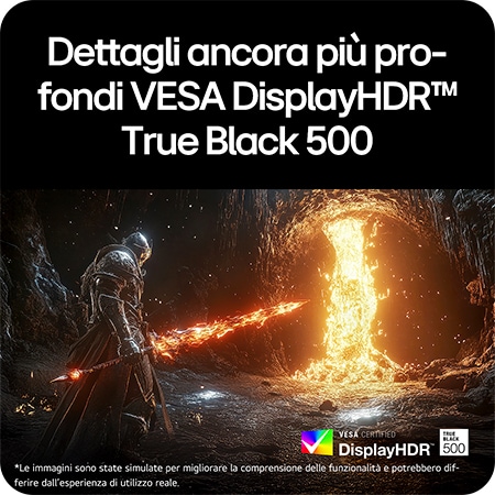 Monitor Gaming LG UltraGear™ 27GX700A mostra una scena di gioco scura con luci intense, enfatizzando i dettagli profondi abilitati da VESA DisplayHDR™ True Black 500.