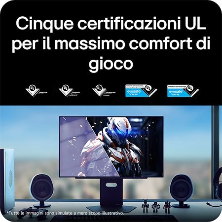 Monitor Gaming LG UltraGear™ 27GX700A mostra il comfort visivo, enfatizzando cinque certificazioni UL tra cui Flicker-Free e Eyesafe, per il massimo comfort di gioco.