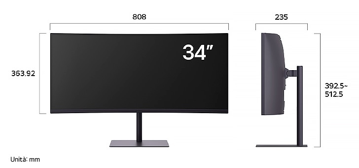 Monitor Gaming LG UltraGear™ 34G630A che mostra le dimensioni, misurando 808 mm di larghezza, 363,92 mm di altezza display, 392,5–512,5 mm di altezza totale e 235 mm di profondità.