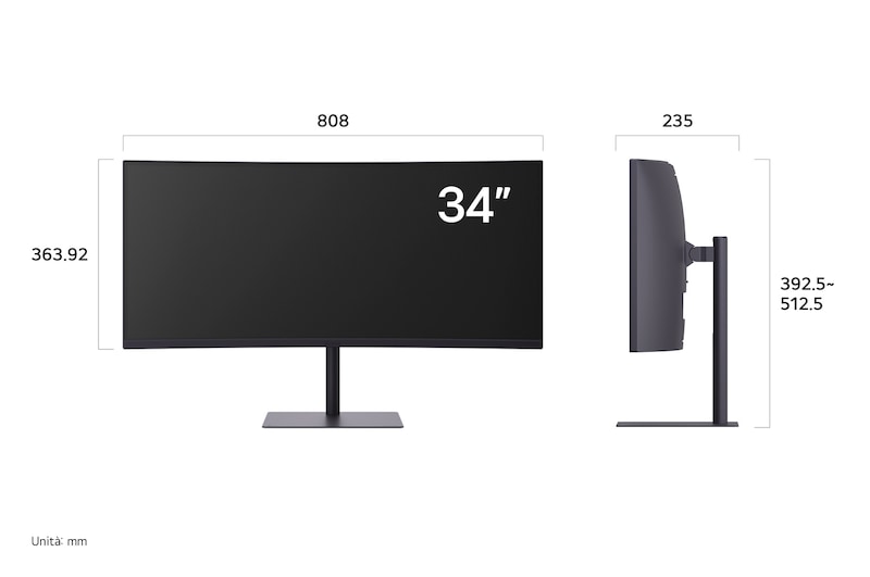 Monitor Gaming LG UltraGear™ 34G630A che mostra le dimensioni, misurando 808 mm di larghezza, 363,92 mm di altezza display, 392,5–512,5 mm di altezza totale e 235 mm di profondità.
