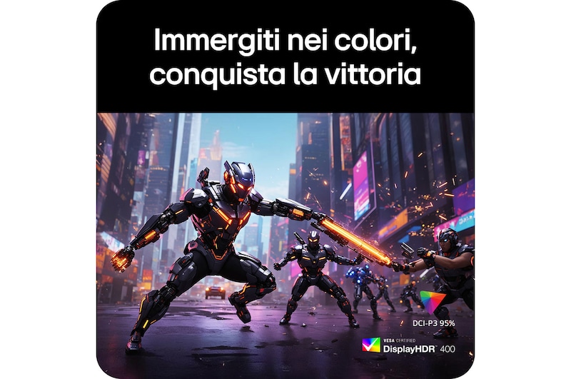 Monitor Gaming LG UltraGear™ 34G630A mostra grafica di gioco vibrante, enfatizzando il gamut cromatico DCI-P3 95% e la certificazione VESA DisplayHDR™ 400 per colori coinvolgenti.