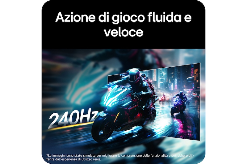 Monitor Gaming LG UltraGear™ 34G630A mostra una scena di gioco di corse veloce, enfatizzando la frequenza di aggiornamento di 240Hz per un'azione di gioco fluida e veloce.