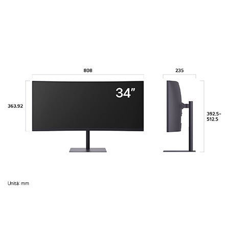 Monitor Gaming LG UltraGear™ 34G630A che mostra le dimensioni, misurando 808 mm di larghezza, 363,92 mm di altezza display, 392,5–512,5 mm di altezza totale e 235 mm di profondità.