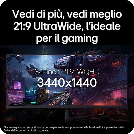 Monitor Gaming LG UltraGear™ 34G630A mostra un ampio gameplay, enfatizzando il display UltraWide 21:9 WQHD da 34 pollici con risoluzione 3440x1440, ideale per il gaming.
