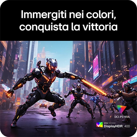 Monitor Gaming LG UltraGear™ 34G630A mostra grafica di gioco vibrante, enfatizzando il gamut cromatico DCI-P3 95% e la certificazione VESA DisplayHDR™ 400 per colori coinvolgenti.