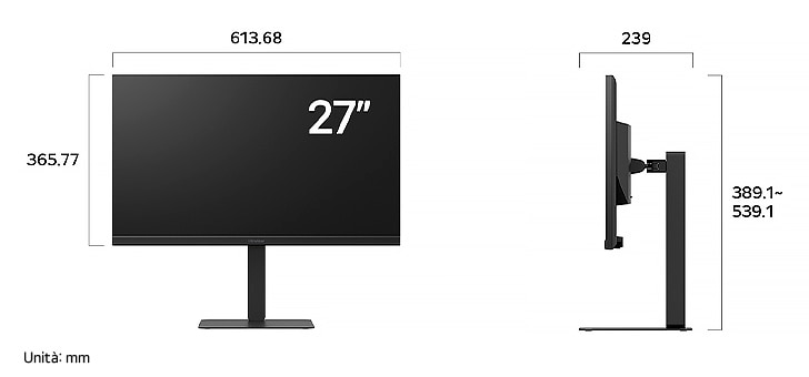 Monitor Gaming LG UltraGear™ 27G640A che mostra le dimensioni, misurando 613,68 mm di larghezza, 365,77 mm di altezza display, 389,1–539,1 mm di altezza totale e 239 mm di profondità.