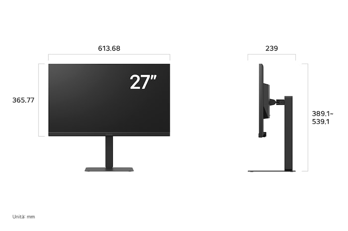 Monitor Gaming LG UltraGear™ 27G640A che mostra le dimensioni, misurando 613,68 mm di larghezza, 365,77 mm di altezza display, 389,1–539,1 mm di altezza totale e 239 mm di profondità.