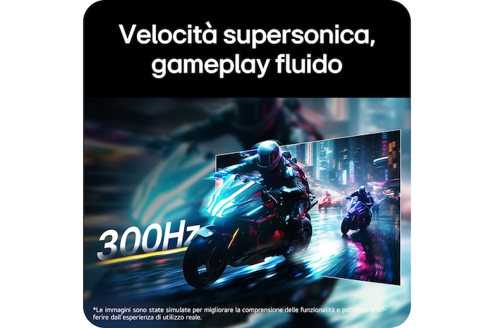 Monitor Gaming LG UltraGear™ 27G640A mostra una scena di gioco di corse veloce, enfatizzando la frequenza di aggiornamento di 300Hz per velocità supersonica e gameplay fluido.