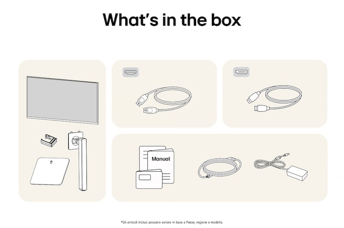 Contenuto della confezione del Monitor Gaming LG UltraGear™ 27G640A: pannello, supporto e base, manuale, cavo DisplayPort, cavo HDMI™ e adattatore di alimentazione.