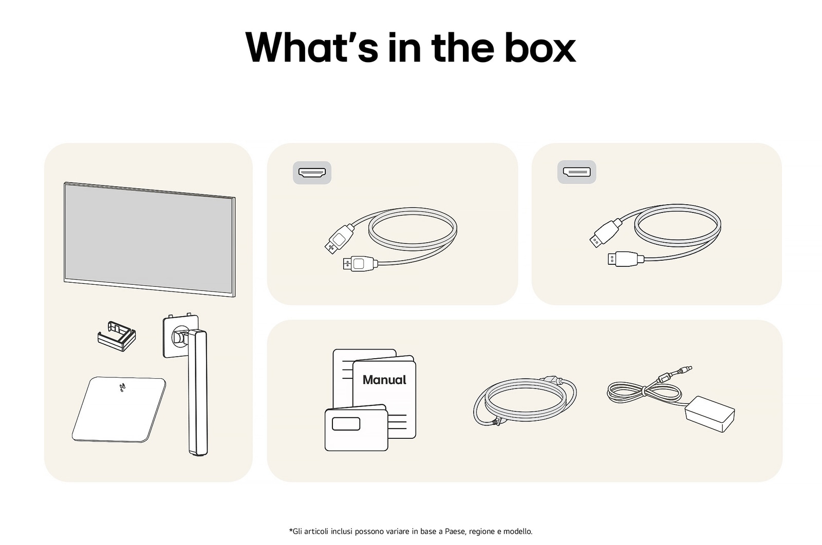 Contenuto della confezione del Monitor Gaming LG UltraGear™ 27G640A: pannello, supporto e base, manuale, cavo DisplayPort, cavo HDMI™ e adattatore di alimentazione.