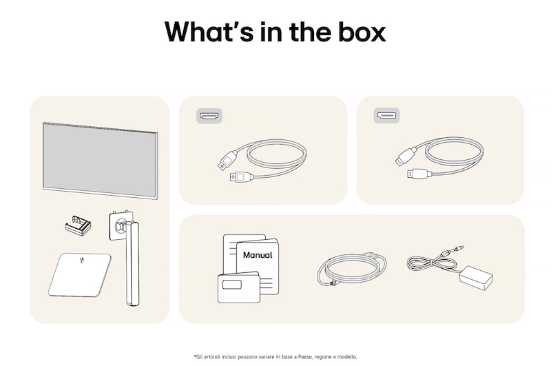 Contenuto della confezione del Monitor Gaming LG UltraGear™ 27G640A: pannello, supporto e base, manuale, cavo DisplayPort, cavo HDMI™ e adattatore di alimentazione.