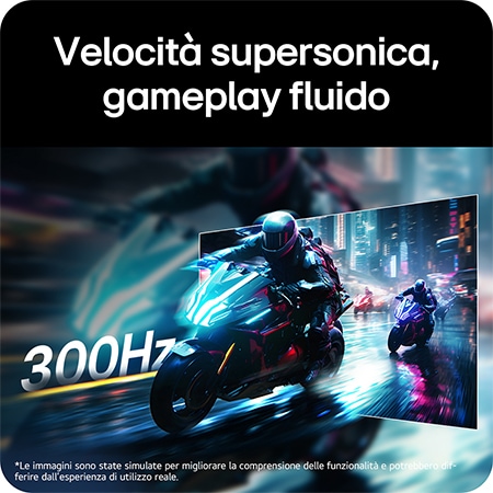 Monitor Gaming LG UltraGear™ 27G640A mostra una scena di gioco di corse veloce, enfatizzando la frequenza di aggiornamento di 300Hz per velocità supersonica e gameplay fluido.