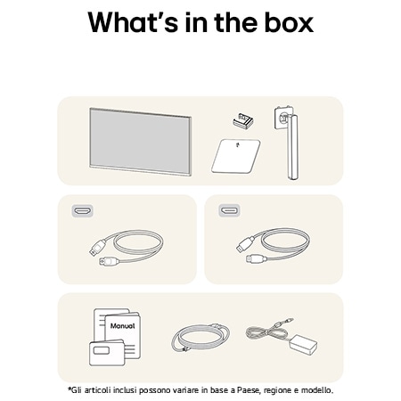 Contenuto della confezione del Monitor Gaming LG UltraGear™ 27G640A: pannello, supporto e base, manuale, cavo DisplayPort, cavo HDMI™ e adattatore di alimentazione.