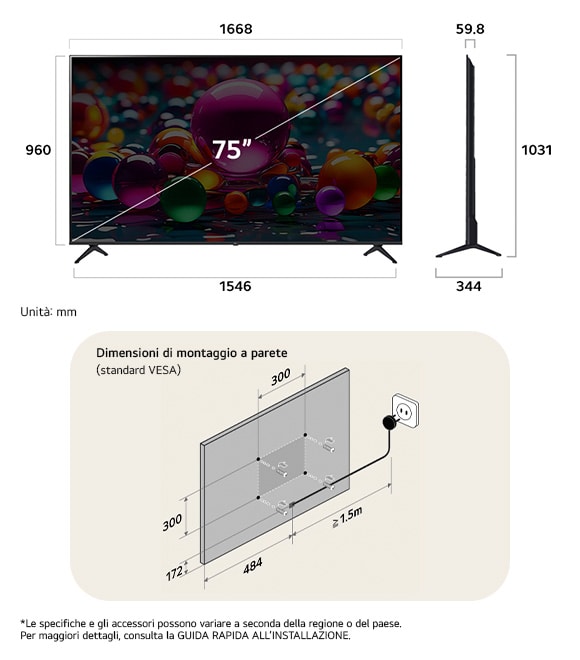Vista dimensionale del LG UHD AI 4K UA75 75-inch, 1668×1031×344 mm, panel 59.8 mm, VESA 300x300.