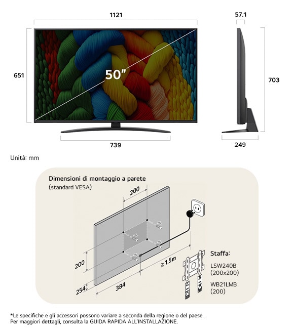 Vista dimensionale del LG NanoCell AI NANO81 4K Smart TV 50-inch, 1121×703×247 mm, panel 57.1 mm, VESA 200x200. 