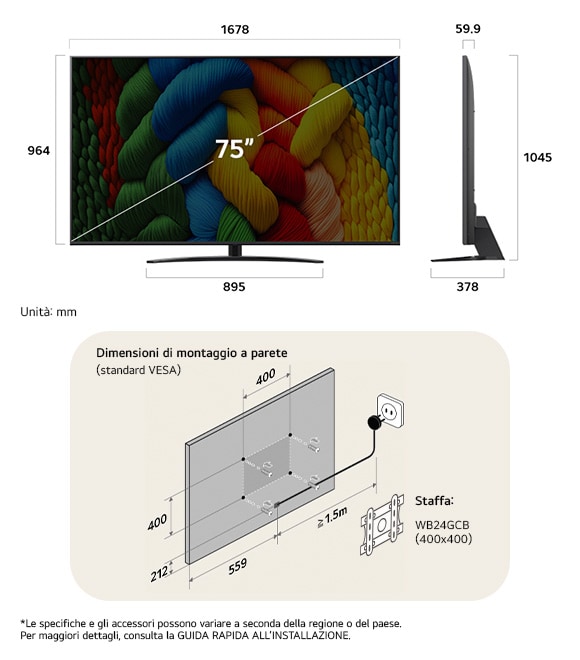 Vista dimensionale del LG NanoCell AI NANO81 4K Smart TV 75-inch, 1678×1045×378 mm, panel 59.9 mm, VESA 400x400. 