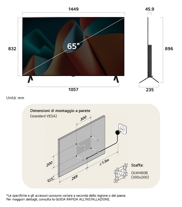 Vista dimensionale del LG OLED AI B4 4K 65-inch, 1449×896×235 mm, panel 45.9 mm, VESA 300x200.