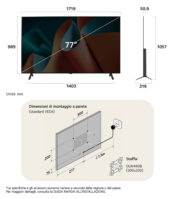 Vista dimensionale del LG OLED AI B4 4K 77-inch, 1719×1057×319 mm, panel 50.9 mm, VESA 300x200.