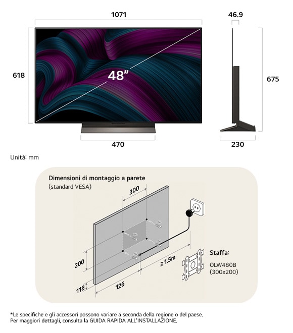 Vista dimensionale del LG OLED evo AI C5 4K 48-inch, 1071×675×230 mm, panel 46.9 mm, VESA 300x200.