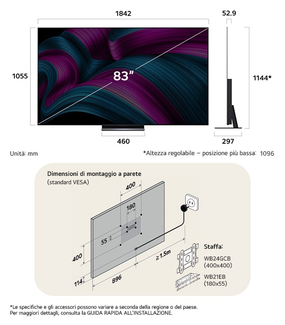Vista dimensionale del LG OLED evo AI C5 4K 83-inch, 1842×1144×297 mm, panel 52.9 mm, VESA 400x400, lowest position 1096 mm.