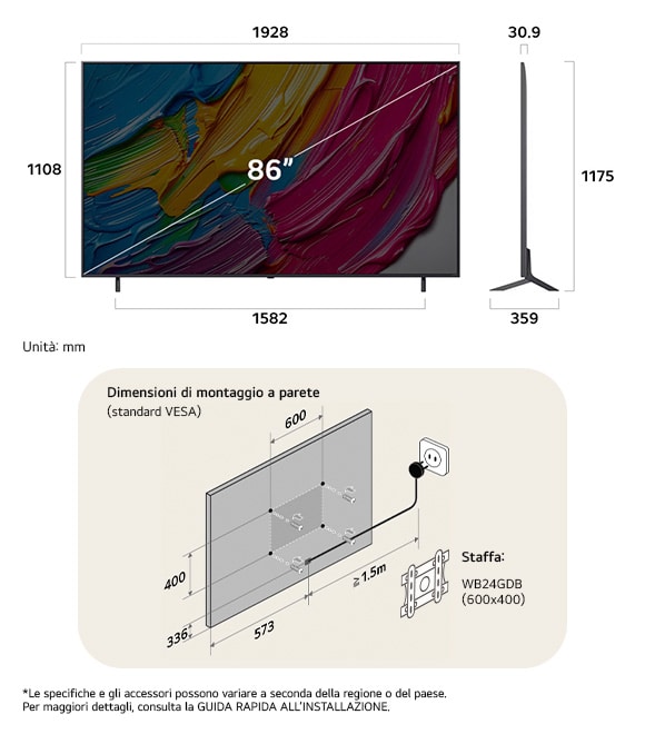 Vista dimensionale del LG QNED MiniLED AI QNED80 4K 86-inch, 1928×1175×359 mm, panel 30.9 mm, VESA 600x400.