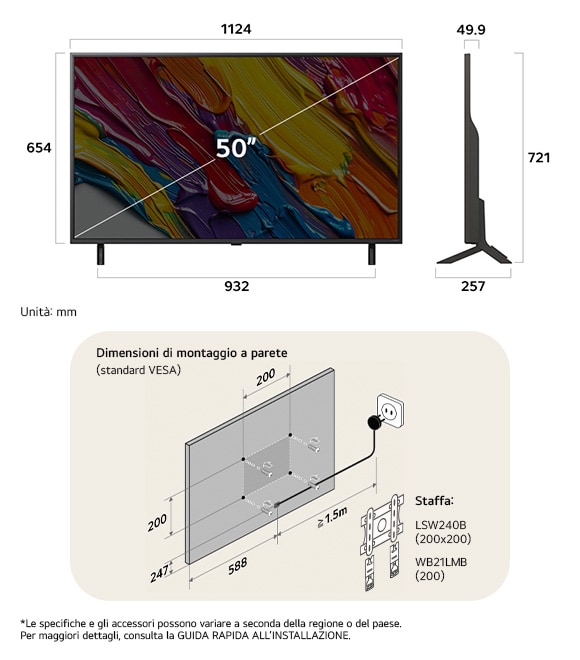 Vista dimensionale del LG QNED MiniLED AI QNED82 4K 50-inch, 1124×721×257 mm, panel 49.9 mm, VESA 200x200.