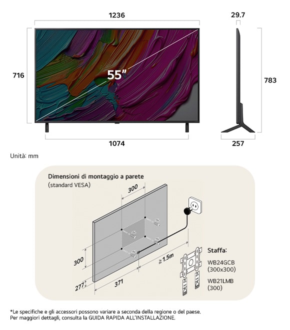 Vista dimensionale del LG QNED MiniLED AI QNED8E 4K 55-inch, 1236×783×257 mm, panel 29.7 mm, VESA 300x300.
