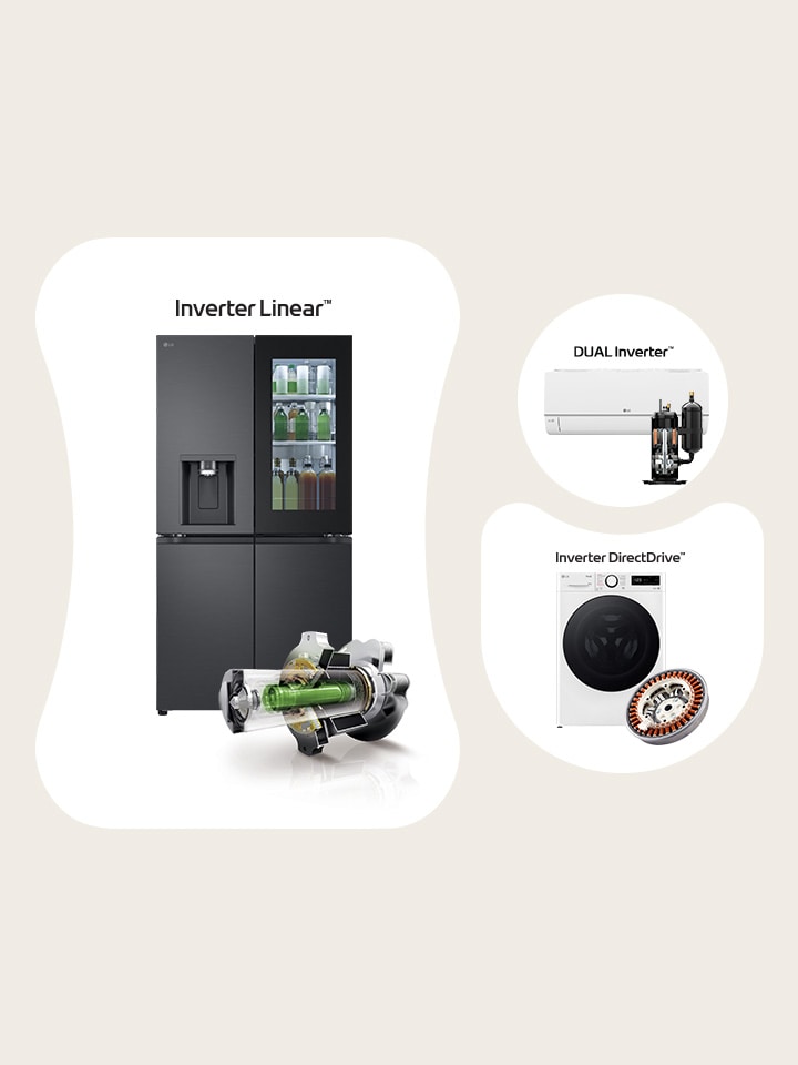 Le lavatrici, i frigoriferi e i condizionatori sono dotati dele tecnologie più innovative: Linear Inverter™ nei frigoriferi, Inverter DirectDrive™ nelle lavatrici e DUAL Inverter™ nei condizionatori.