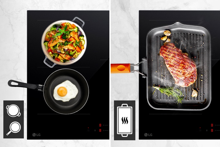 Confronto tra modalità standard con uova e verdure e zona flessibile con Boost con bistecca e aglio.