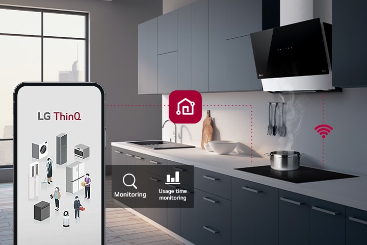 Cucina moderna con elettrodomestici LG collegati tramite app ThinQ su smartphone per monitoraggio e controllo a distanza.