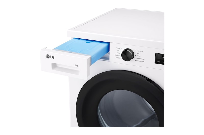 Immagine frontale con dettaglio cassetto detergente aperto Immagini frontale asciugatrice LG RNX1009NWK