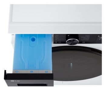 LG RNX5008TKB Asciugatrice con vista frontale dall'alto, focalizzata sul cassetto superiore di raccolta della condensa inserito nella plancia comandi.