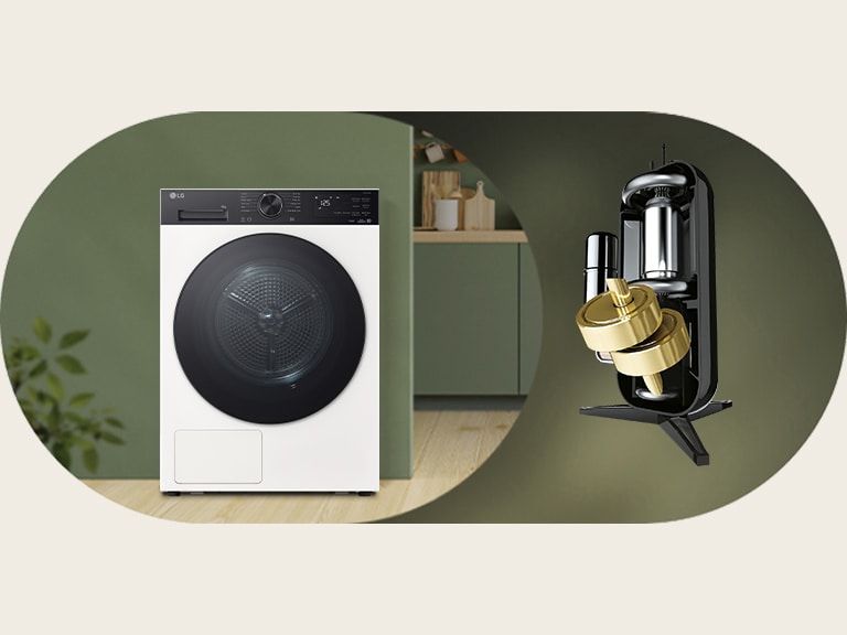 Immagine di un'asciugatrice LG posizionata in un interno a tema verde con un'evidenziazione visiva del componente AI DUAL Inverter