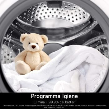 Asciugatrice LG RNX5010TWBC: Programma Igiene che elimina il 99.9% dei batteri da capi e peluche.