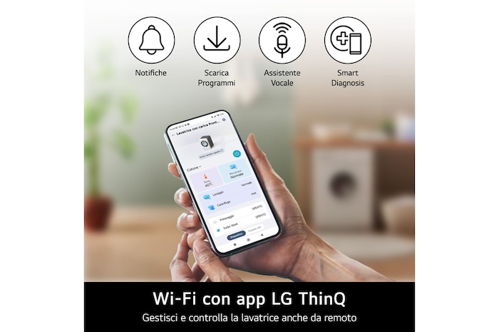 Funzioni smart Wi-Fi dell'asciugatrice LG RNX5010TWBC con app LG ThinQ per il controllo remoto.