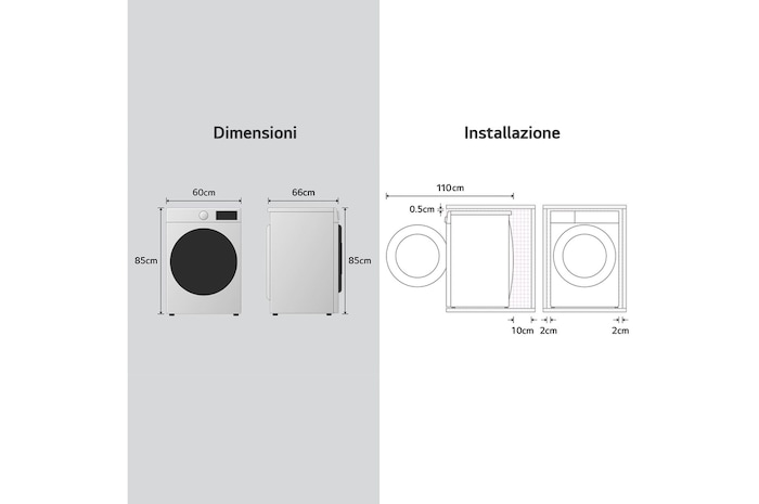Dimensioni LG RNX5010TWBC: 60x85x66 cm. Schema per l'installazione con ingombri e distanze da rispettare.