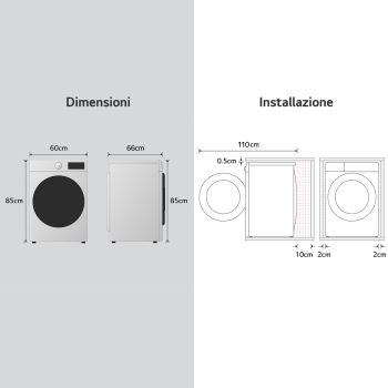 Dimensioni LG RNX5010TWBC: 60x85x66 cm. Schema per l'installazione con ingombri e distanze da rispettare.