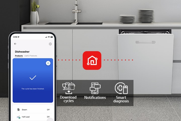 Lavastoviglie LG Smart in cucina moderna con lavello e piatti, gestita tramite smartphone con varie funzioni.