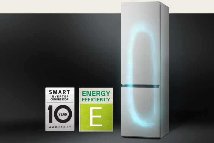 Un frigorifero con un flusso azzurro al suo interno e i della garanzia di 10 anni sul compressore.