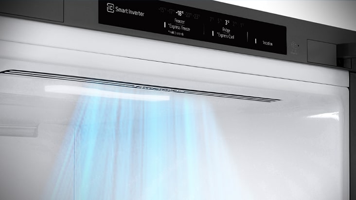 Si vede un flusso di aria fredda che proviene dalla bocchetta posta nella parte superiore del frigo per raffreddare il cibo.
