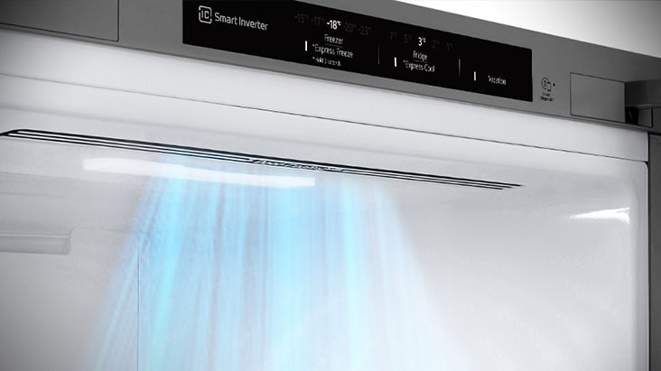 Si vede un flusso di aria fredda che proviene dalla bocchetta posta nella parte superiore del frigo per raffreddare il cibo.