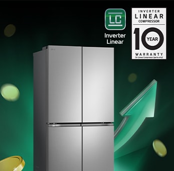 Frigorifero LG a doppia porta con compressore lineare, garanzia di 10 anni, sfondo verde con freccia in su.