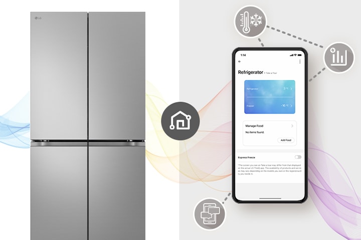 Frigorifero LG in acciaio inox a sinistra, smartphone a destra con app di gestione del frigorifero.