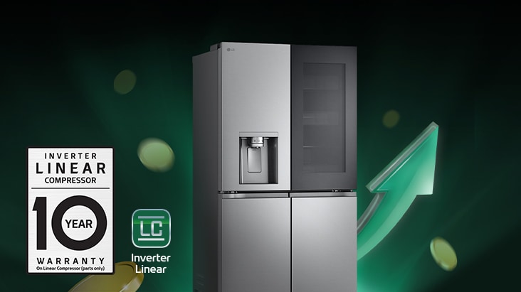Frigorifero LG a doppia porta con compressore lineare, distributore d'acqua e garanzia di 10 anni su sfondo verde.