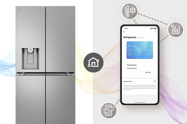 Frigorifero LG in acciaio inox a sinistra, smartphone a destra che mostra l'app per gestione intelligente del frigorifero.