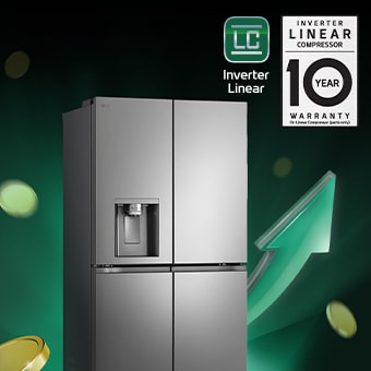 Frigorifero LG a quattro porte con distributore d'acqua, Inverter Linear, 10 anni di garanzia, sfondo verde.