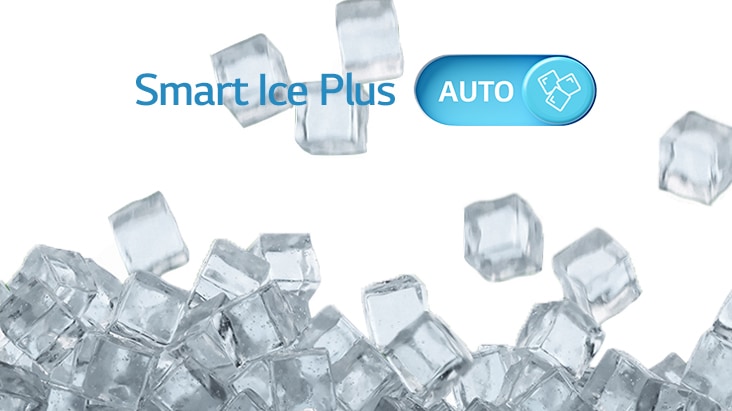 Vari cubetti di ghiaccio che cadono dall'alto e le scritte Smart Ice Plus e Auto in sovraimpressione.